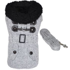 Grey Herringbone Designer Harness Coat and Matching Leash (size: large)